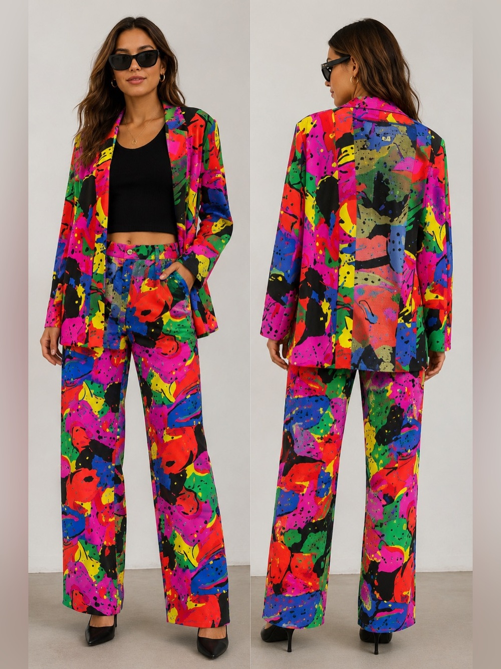 Vintage Bonnie Boynton 80s 90s Abstract Print 2 Piece Jacket Pants Set XS